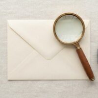 無地の封筒を虫眼鏡で確かめている俯瞰イメージ。入管を装った詐欺メールを見分けることを象徴。