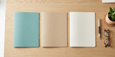 机の上に無地のフォルダ3冊とペン、眼鏡、観葉植物を並べた俯瞰イメージ。事業所ごとに支援体制を整える実務を象徴。