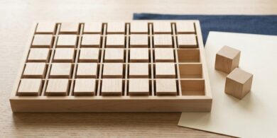 区画に分かれた無地の木製トレイに無地の木片が並び、右端の空いた区画のそばに予備の木片が置かれた俯瞰イメージ。分野の数は変わらず業務区分だけが増える案を象徴。