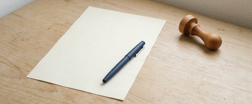 白紙の書類の上にペンが置かれ、少し離れたところに無地の木製印鑑が横向きに置かれた俯瞰イメージ。海外在住者は印鑑証明に代えて署名証明を使うことを象徴。