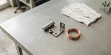 作業台の上に無地の金属部品と銅線、白い作業手袋を並べた俯瞰イメージ。宮崎の特定技能・工業製品製造業分野を象徴。