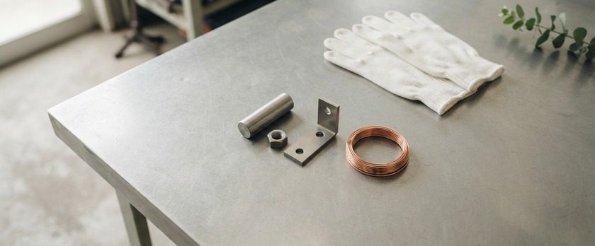 作業台の上に無地の金属部品と銅線、白い作業手袋を並べた俯瞰イメージ。宮崎の特定技能・工業製品製造業分野を象徴。