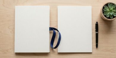 2冊の無地の書類フォルダを紺色のリボンで結んだ俯瞰イメージ。育成就労の二国間協力覚書を象徴。