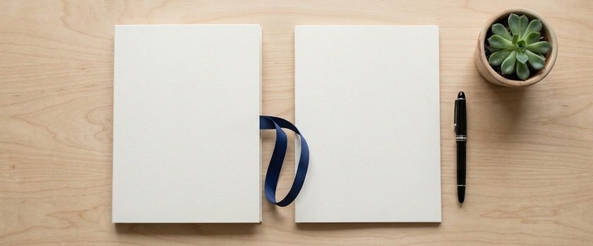 2冊の無地の書類フォルダを紺色のリボンで結んだ俯瞰イメージ。育成就労の二国間協力覚書を象徴。