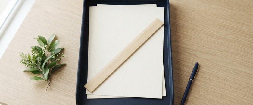 紺色の書類トレーに入った無地の書類の上に、目盛りのない木の定規を斜めに置いた俯瞰イメージ。すでに提出した申請にも新しい物差しが当てられることを象徴。