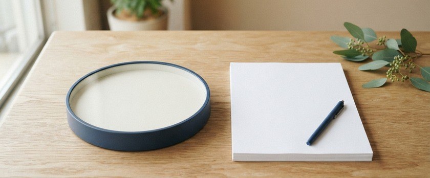 丸い無地の器と白い紙の束、ペンを置いたイメージ。30日以内の申請に向けた書類の準備を象徴。