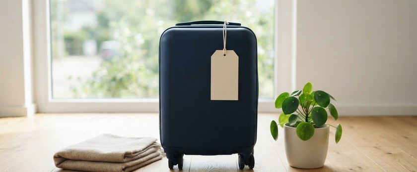 旅行かばんと無地の荷札を並べたイメージ。査証なしで短期間来日する人が出発前に受ける認証を象徴。