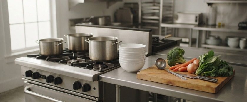 早朝の光が差す静かな厨房に、鍋と器、野菜を整えたイメージ。毎日の給食づくりを象徴。
