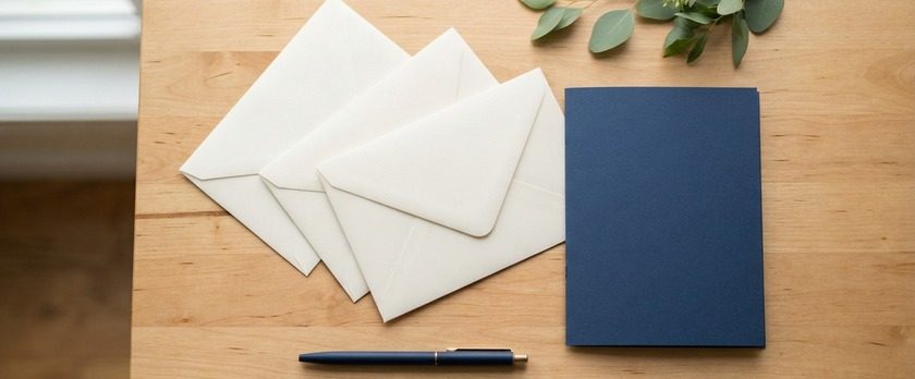 白い封筒3通と紺色のフォルダーを置いたイメージ。永住者の配偶者等の申請書類をそろえることを象徴。