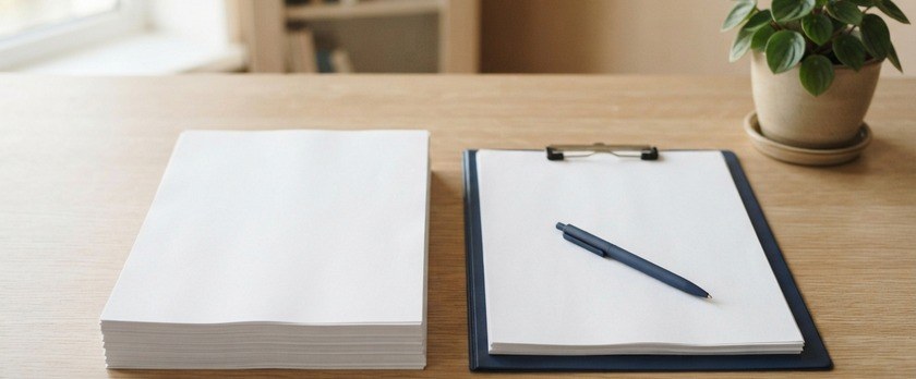 無地の書類の束を2つ並べ、紺色のファイルとペンを置いた机のイメージ。誓約書の差し替えを象徴。