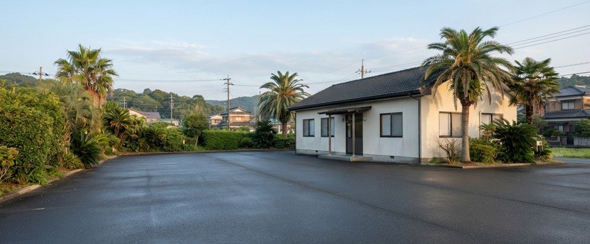 南国の木が並ぶ町で、朝の静かな営業所と駐車場のイメージ。地域の運送事業者の一日の始まりを象徴。