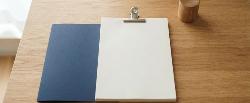 クリップで留めた白紙の束と紺色のフォルダーを置いたイメージ。定住者への在留資格変更許可申請の準備を象徴。
