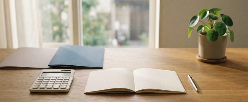 Hình ảnh một cuốn sổ trắng, hai thư mục và một cây cảnh trên bàn cạnh cửa sổ. Tượng trưng cho việc kiểm tra kế hoạch kinh doanh.