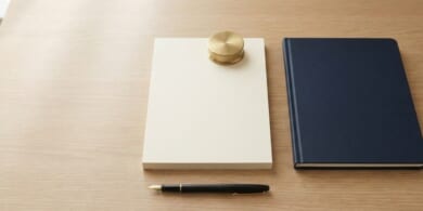 きちんと揃えた無地の書類の束に真鍮の文鎮を載せ、紺色のバインダーを添えた俯瞰イメージ。永住許可ガイドラインが確定したことを象徴。