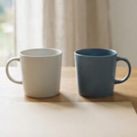 無地のマグカップ2つと無地のフォルダーを並べた机のイメージ。夫婦で暮らし続けるための配偶者ビザの更新を象徴。