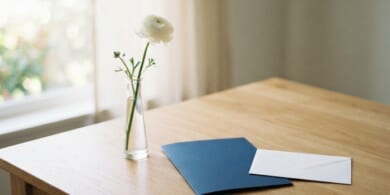 白い花を挿したガラスの花瓶と紺色のフォルダー、白い封筒を置いたイメージ。家族が亡くなった後の手続を象徴。