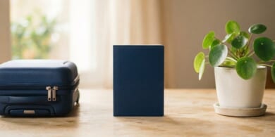 紺色のスーツケースと無地の冊子、観葉植物を置いたイメージ。一時帰国の前の準備を象徴。
