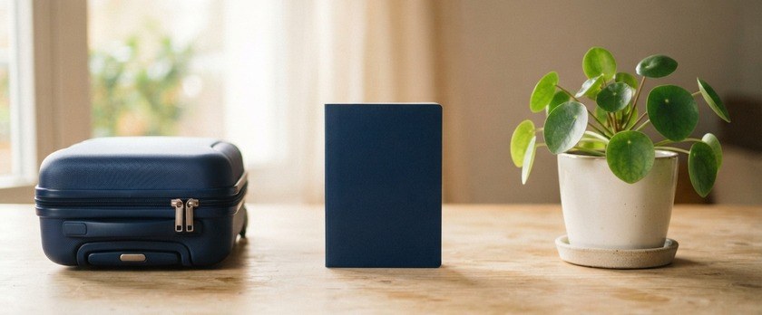 紺色のスーツケースと無地の冊子、観葉植物を置いたイメージ。一時帰国の前の準備を象徴。