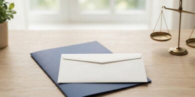 無地の白い封筒と紺色のフォルダー、小さな天びんを置いた机のイメージ。育成就労の給与と課税を象徴。