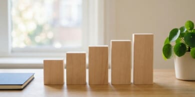 高さが少しずつ増える無地の木製ブロックを並べた机のイメージ。宮崎県の在留外国人の増加を象徴。
