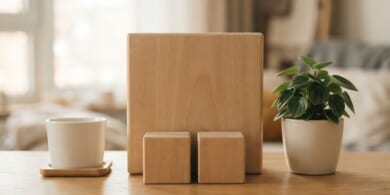 大きな木のブロックの前に小さなブロックを2つ置いたイメージ。特定技能2号の方が後輩を指導する体制を象徴。