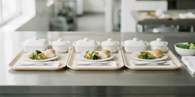 ステンレスの調理台に無地の食事トレーを3つ並べたイメージ。医療・福祉施設の給食を象徴。