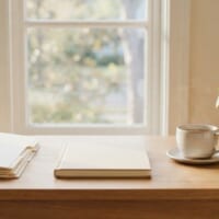 窓辺の机に白紙のファイルと観葉植物を置いたイメージ。書類を期限どおりに確認する仕事を象徴。