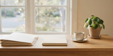 窓辺の机に白紙のファイルと観葉植物を置いたイメージ。書類を期限どおりに確認する仕事を象徴。