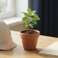 白いヘルメットと鉢植えの若木、無地の紙を置いた机のイメージ。外国人材とともに育てる建設業の未来を象徴。