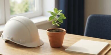白いヘルメットと鉢植えの若木、無地の紙を置いた机のイメージ。外国人材とともに育てる建設業の未来を象徴。