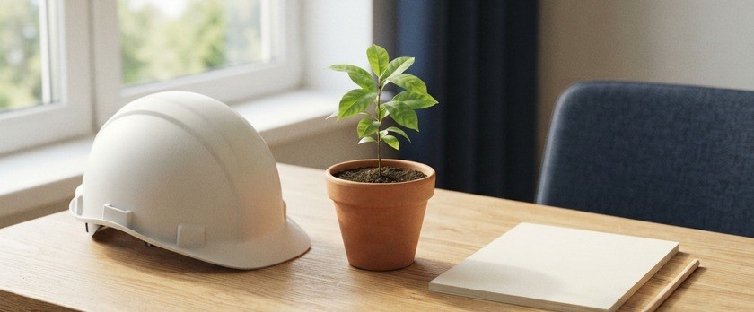 白いヘルメットと鉢植えの若木、無地の紙を置いた机のイメージ。外国人材とともに育てる建設業の未来を象徴。