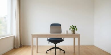 窓から光が入る小さな事務所に、木の机と椅子、観葉植物を置いたイメージ。事業所の確保を象徴。
