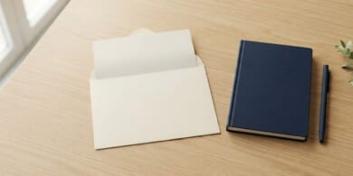 開いた無地の封筒と折りたたんだ書類、紺色のノートとペンの俯瞰イメージ。通知を落ち着いて読み、説明を受ける前に質問を準備することを象徴。