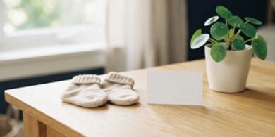 小さな靴下と無地のカードを並べた机のイメージ。子どもの在留カードの手続を象徴。