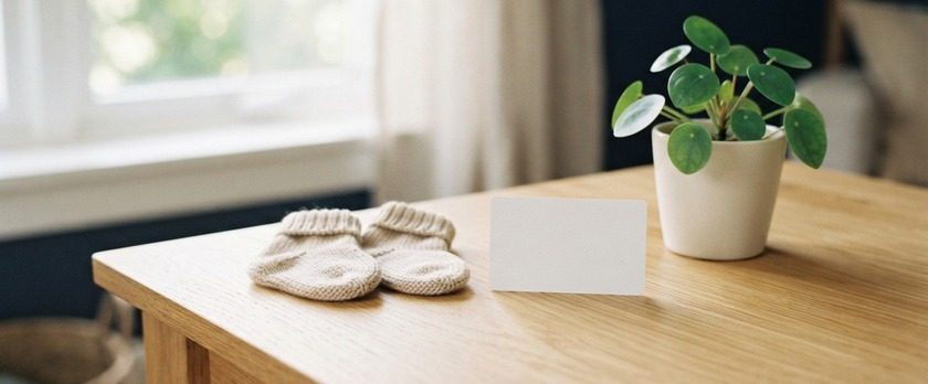 小さな靴下と無地のカードを並べた机のイメージ。子どもの在留カードの手続を象徴。