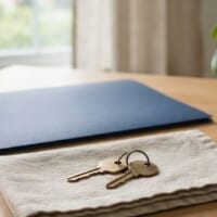 無地の鍵2本と紺色のフォルダーを置いた机のイメージ。永住者の家族として日本で暮らし続けることを象徴。