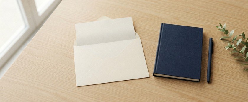 開いた無地の封筒と折りたたんだ書類、紺色のノートとペンの俯瞰イメージ。通知を落ち着いて読み、説明を受ける前に質問を準備することを象徴。
